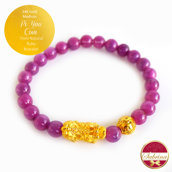 24K Gold Medium Pi Yao with Coin on 7mm Natural Ruby Gemstone Bracelet