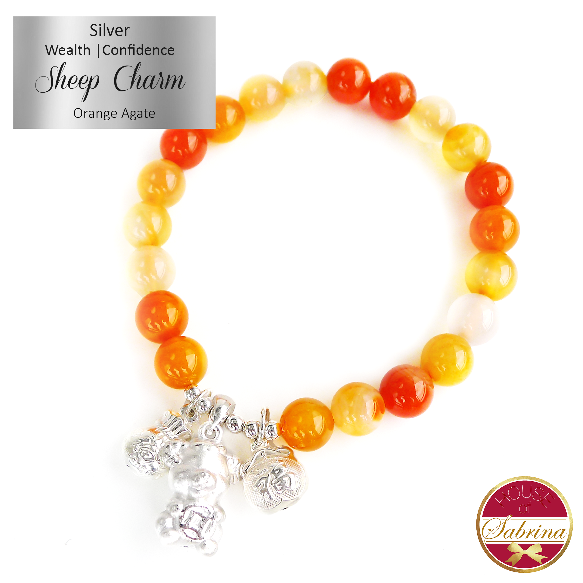 Silver Wealth and Confidence Charm for Sheep on Orange Agate Gemstone Bracelet
