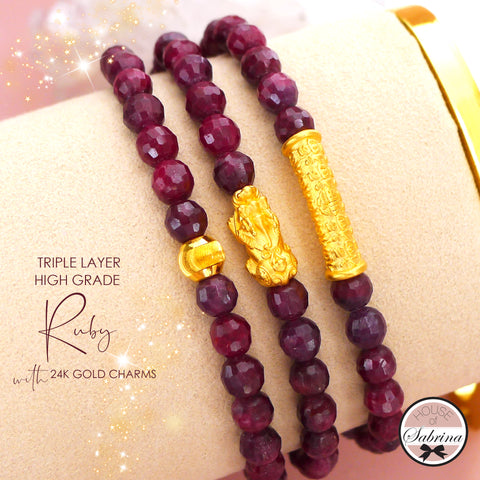 CONVERTIBLE HIGH GRADE FACETED RUBY WITH 24K GOLD PIXIU, HEARTS SUTRA AND CAT EYE