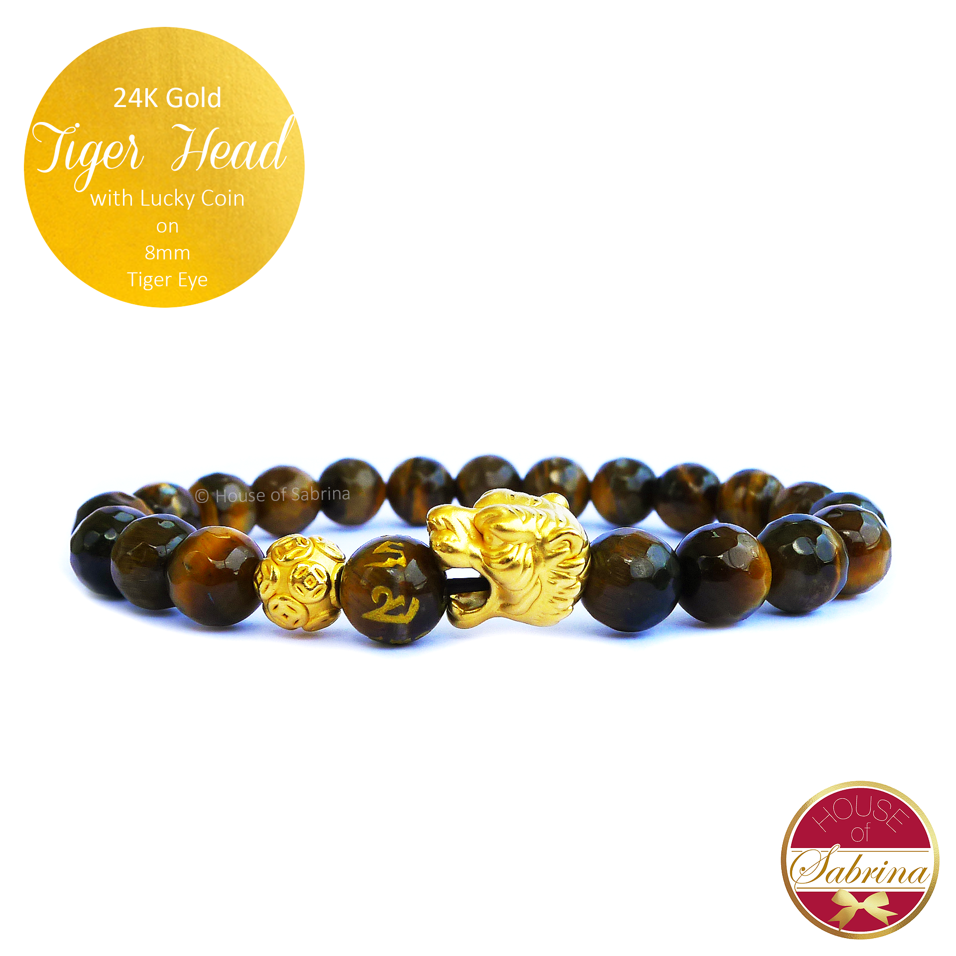 24K Gold Tiger Head with Lucky Coin on 8mm Tiger Eye Gemstone Bracelet