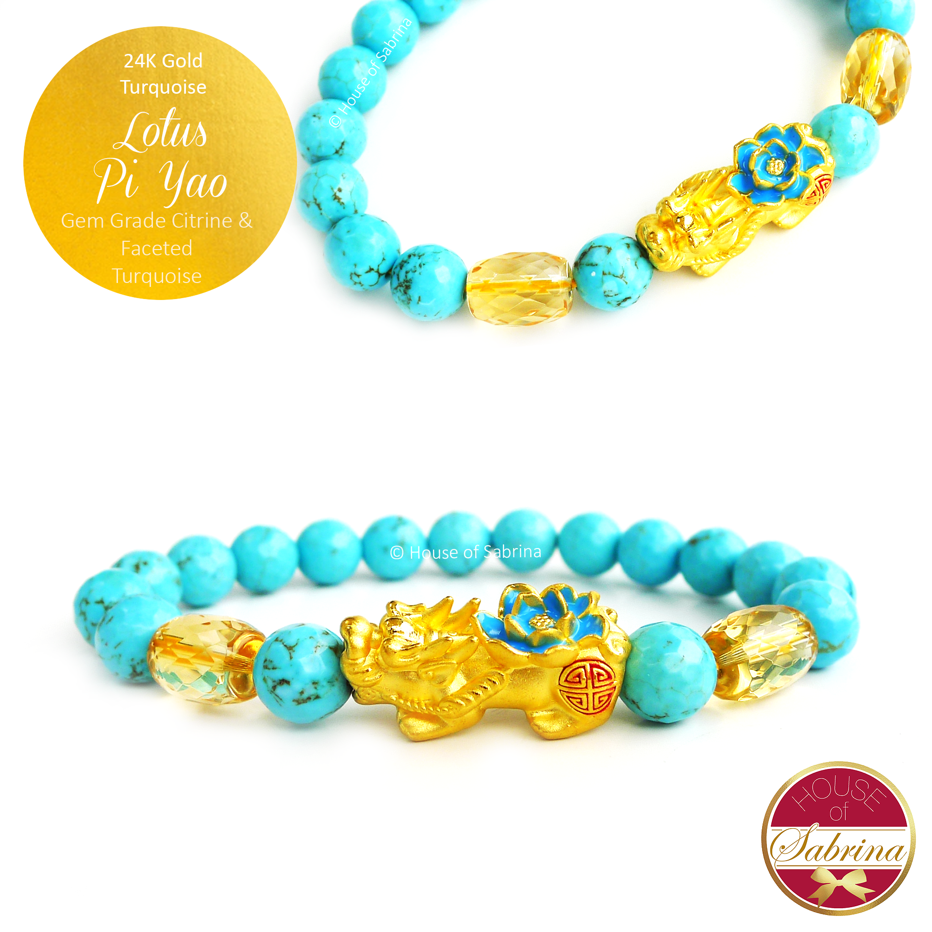 24K Gold Turquoise Pi Yao Lotus with Gem Grade Citrine Accents on Faceted Turquoise Gemstone Bracelet