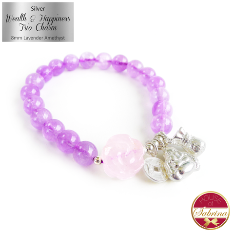 Silver Wealth and Happiness Trio Feng Shui Charm on Lavender Amethyst Gemstone Bracelet