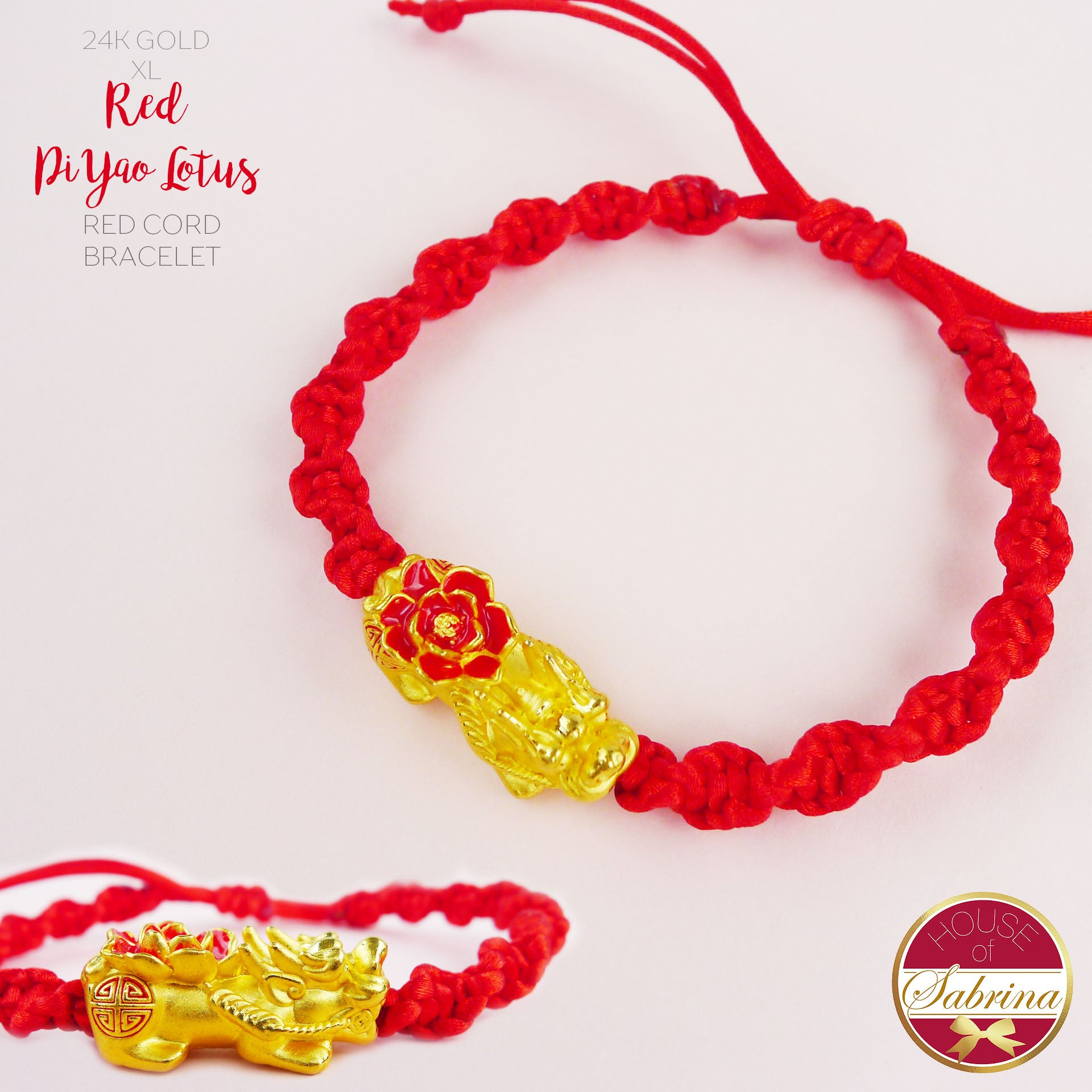 24K GOLD XL RED PI YAO LOTUS ON RED CORD LUCKY CHARM BRACELET