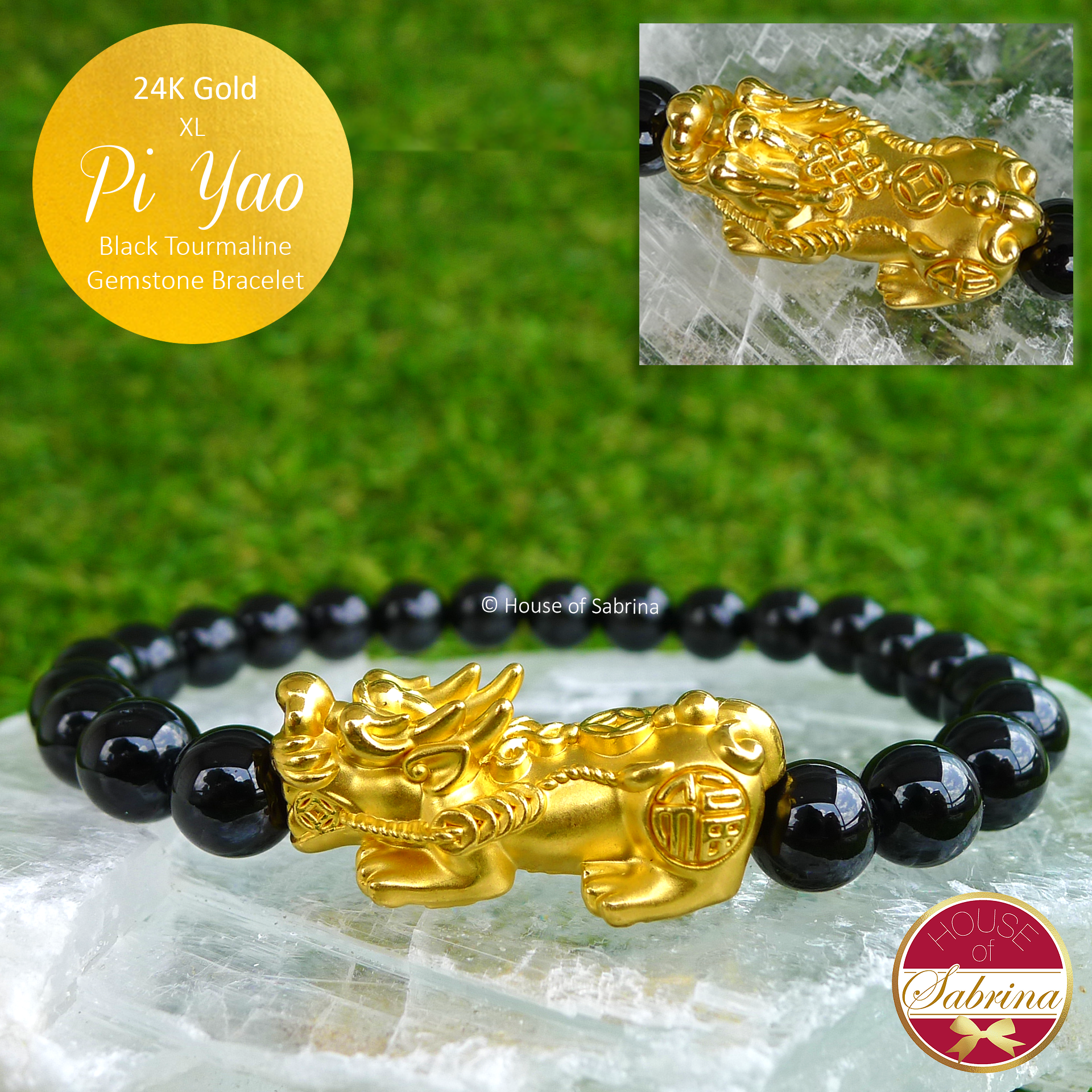 24K Gold XL Pi Yao on Black Tourmaline Bracelet