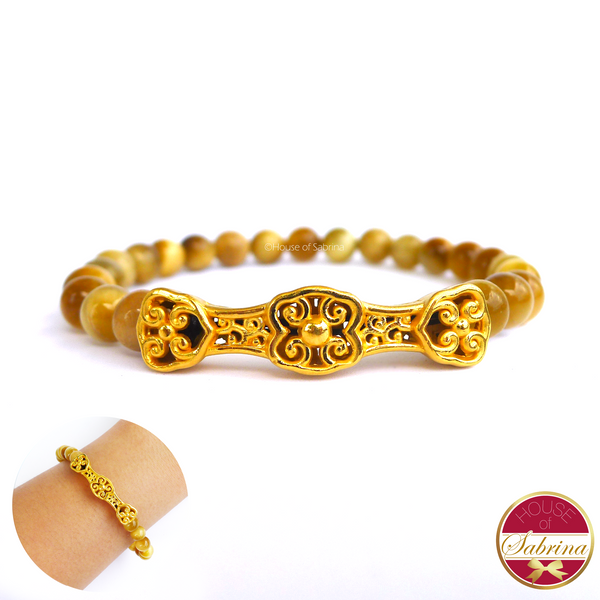 24K Gold Ru Yi in Yellow Tiger Eye Crystal Gemstone Lucky Charm Bracelet