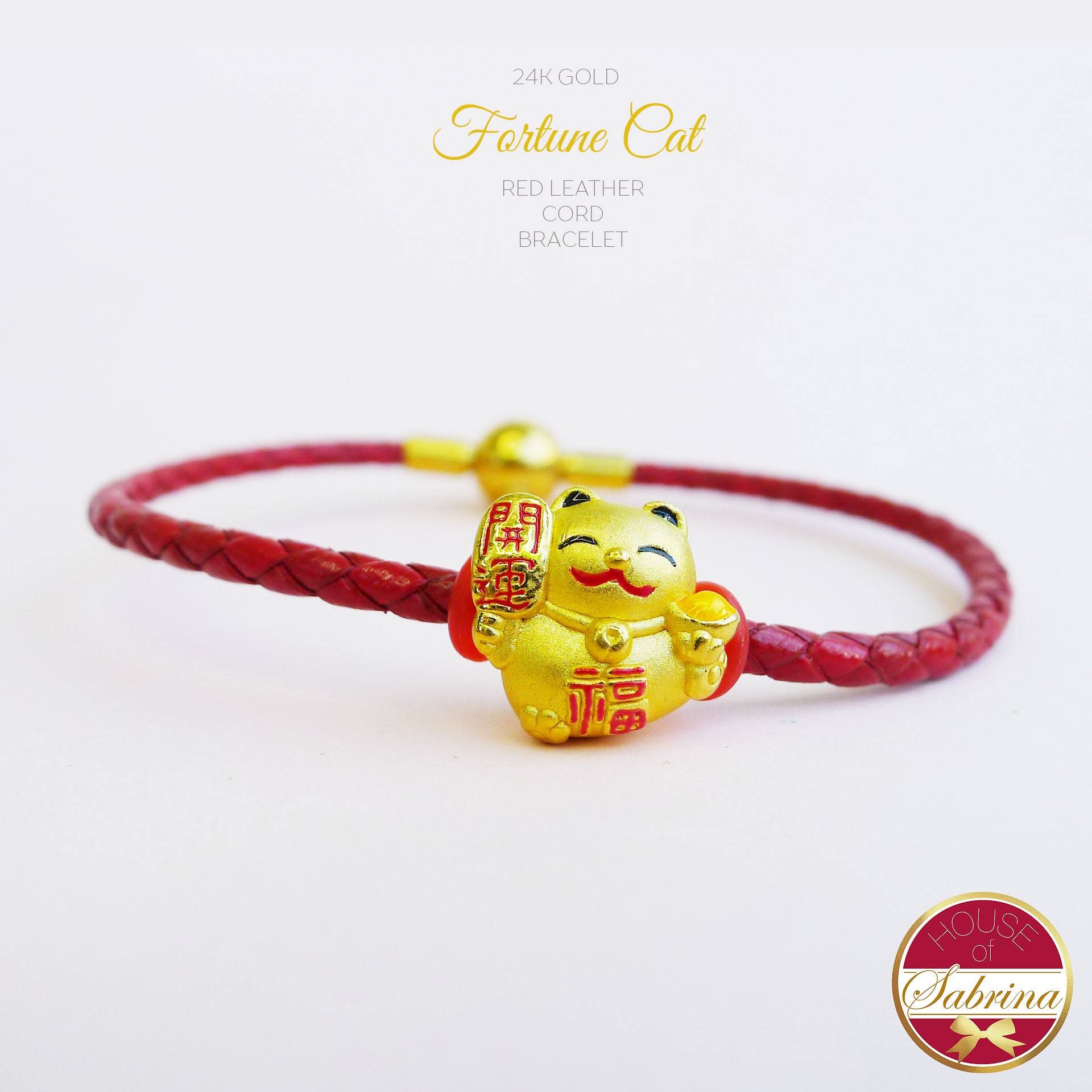 24K GOLD FORTUNE CAT ON RED LEATHER CORD BRACELET