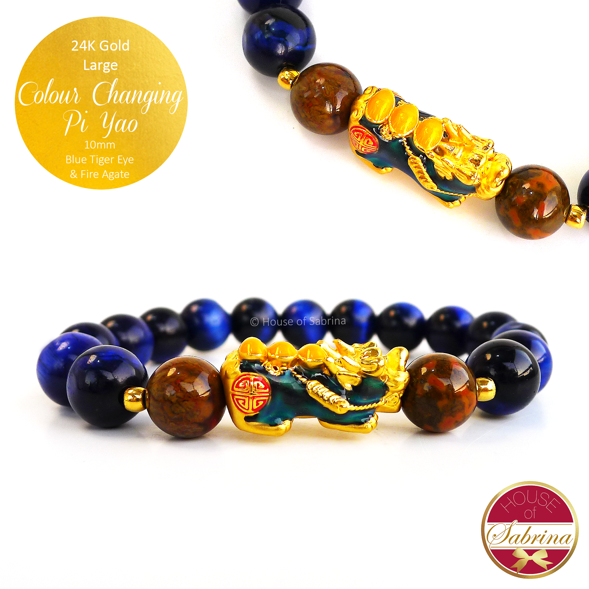 24K Gold Large Colour Changing Pi Yao on High Grade Blue Tiger Eye and Fire Agate Gemstone Bracelet