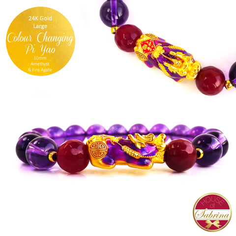 24K Gold Large Colour Changing Pi Yao on High Grade Amethyst and Red Agate Gemstone Bracelet