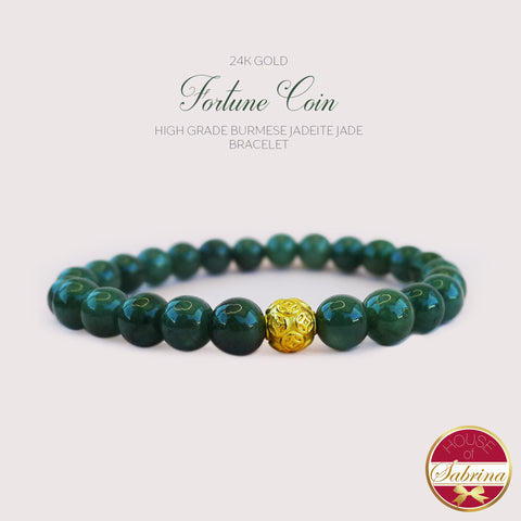 24K GOLD FORTUNE COIN + HIGH GRADE BURMESE JADEITE JADE GEMSTONE LUCKY CHARM BRACELET