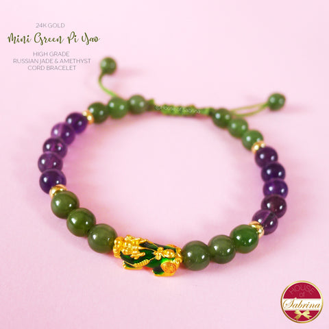 24K GOLD MINI GREEN PI YAO WITH HIGH GRADE RUSSIAN JADE AND AMETHYST CORD BRACELET