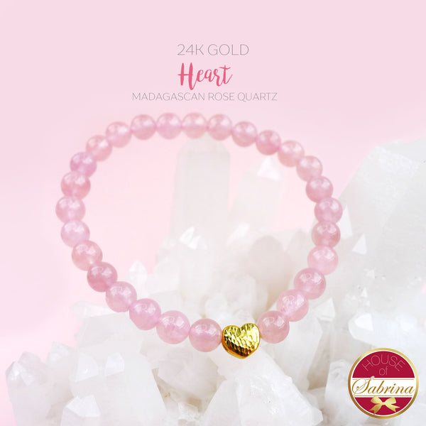 24K Gold Heart + Madagascan Rose Quartz Gemstone Bracelet