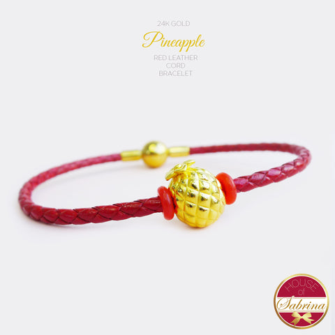 24K GOLD PINEAPPLE ON RED LEATHER CORD BRACELET